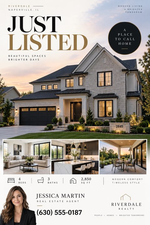 Real estate flyer with a large photo of a two-story house at twilight, three smaller interior photos, 'Just Listed' in gold text, property details, and agent contact information.