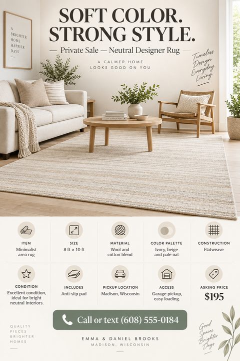 A minimalist private sale flyer featuring a large photo of a neutral living room with a textured rug. Below, a neat grid of icons details the item's size, material, condition, and price.