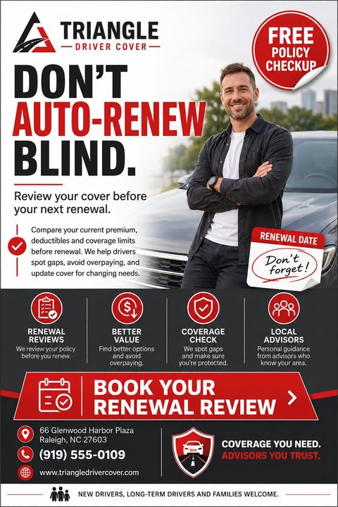 A bold red, black, and white auto insurance flyer featuring a smiling man leaning against a car. It includes a Free Policy Checkup sticker, service icons, and a prominent Book Your Renewal Review banner.