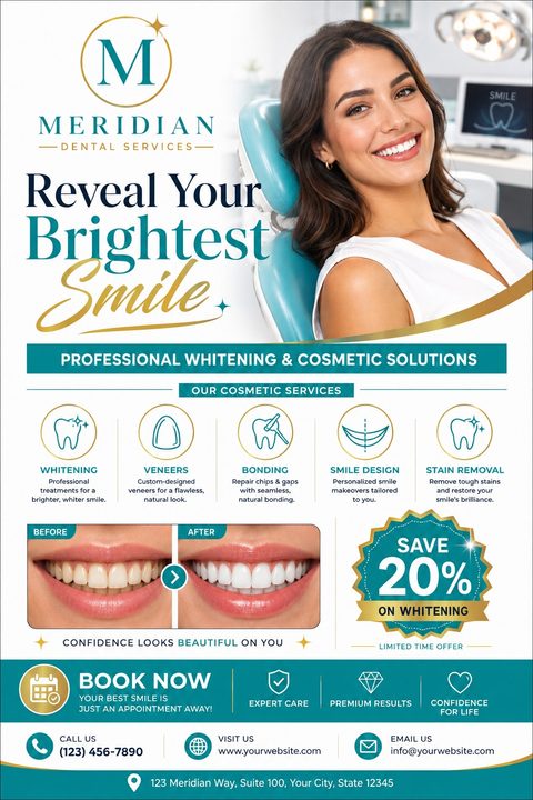 Dental services flyer template with a smiling woman in a dentist chair, a before and after teeth whitening photo, icons for cosmetic services, and a 20% off whitening offer.