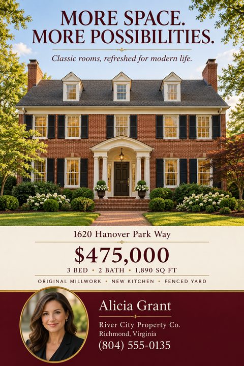 A real estate flyer featuring a large photo of a traditional brick house. Below is the address, price, and property details on a cream background, followed by an agent headshot on a burgundy footer.