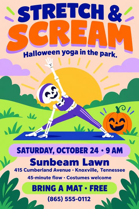 A fun, colorful flyer for a Halloween yoga event featuring a cartoon skeleton in purple athletic wear doing a triangle pose on a blue mat in a park, next to a smiling jack-o'-lantern.