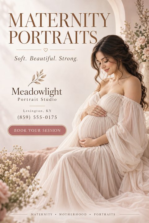 A soft, elegant maternity photography flyer featuring a pregnant woman in a flowing beige gown. The design uses warm cream tones, brown serif text, and delicate floral accents.