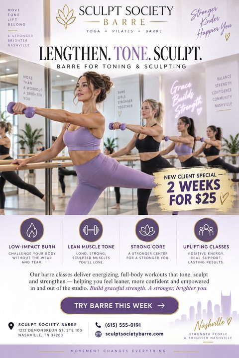 Flyer for Sculpt Society Barre featuring women doing a barre workout with small purple dumbbells. Text reads 'Lengthen. Tone. Sculpt.' and offers a new client special: 2 weeks for $25.