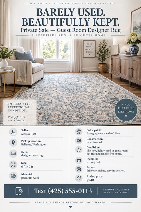 A private sale flyer for a designer rug featuring a large photo of a blue and cream patterned rug in a living room, followed by detailed specifications with icons and contact information.