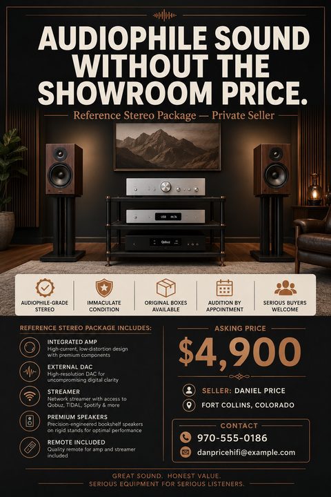 A dark, elegant flyer template for selling a stereo system. It features a large photo of audio equipment, a bold headline, feature icons, a detailed component list, and a prominent asking price.