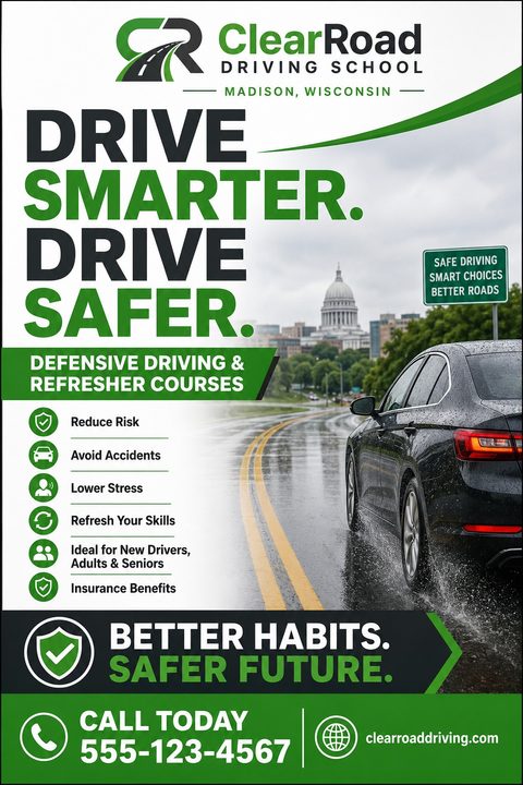 Driving school flyer template with a black car driving on a wet road towards a city skyline. Text reads 'Drive Smarter. Drive Safer. Defensive Driving & Refresher Courses'.