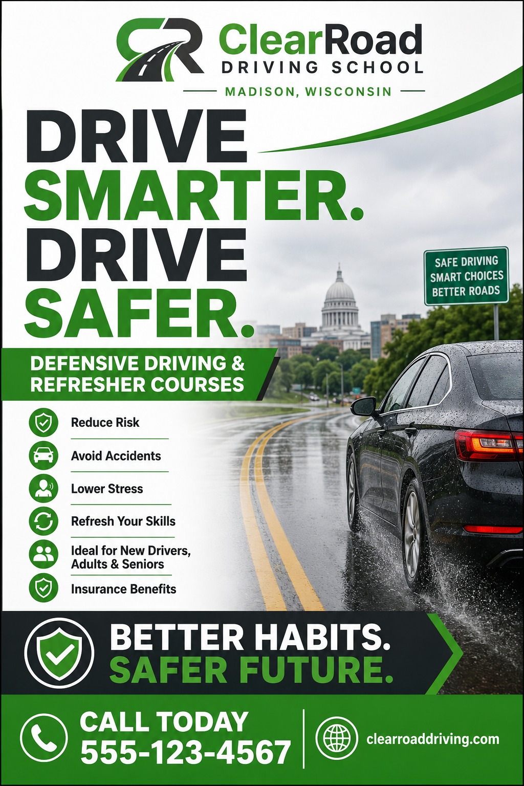 Driving school flyer template with a black car driving on a wet road towards a city skyline. Text reads 'Drive Smarter. Drive Safer. Defensive Driving & Refresher Courses'.