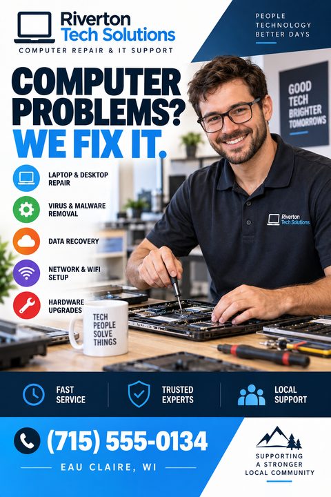 Computer repair flyer template with a photo of a smiling technician fixing a laptop, colorful service icons, and bold blue text reading 'Computer Problems? We Fix It.'