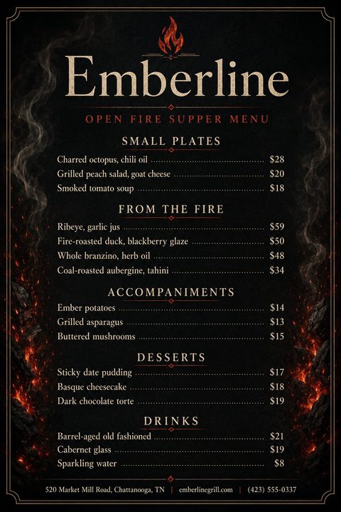 A dark restaurant menu flyer with glowing red embers and smoke effects along the edges. Elegant serif text lists courses like Small Plates, From the Fire, Accompaniments, Desserts, and Drinks.