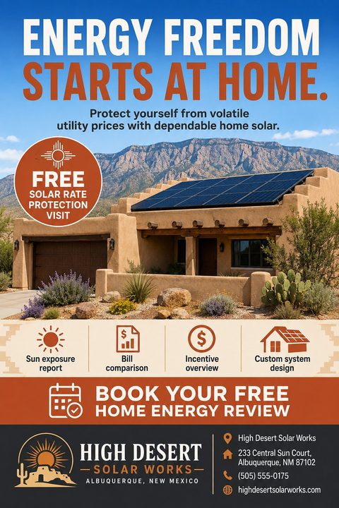 A solar installation flyer featuring a southwestern adobe home with roof panels against a mountain backdrop. It includes terracotta accents, service icons, and a bold call to action for a free energy review.