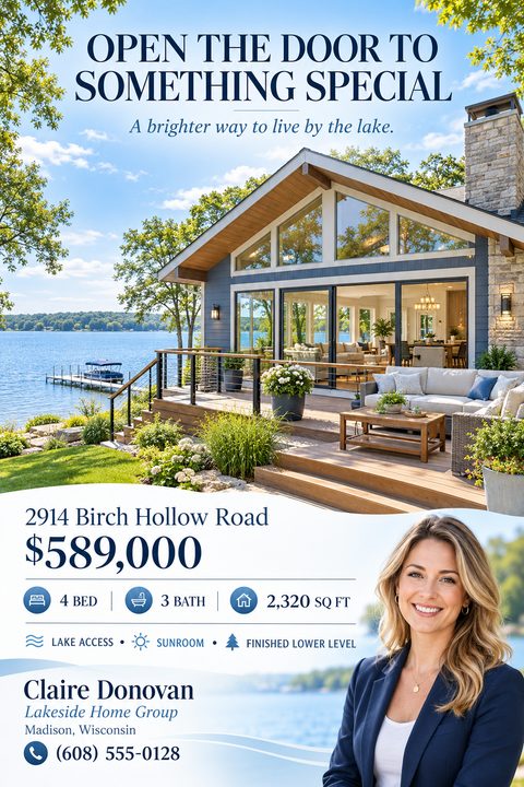 A real estate flyer featuring a large photo of a modern lakefront house with a deck. Below a wavy white border, navy text displays the address, price, property features, and an agent's portrait.
