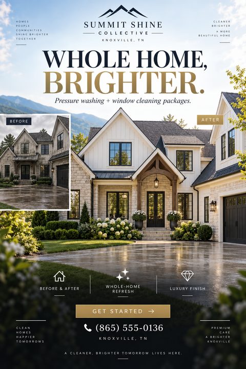 A flyer for pressure washing services featuring a large photo of a clean, bright house with a smaller inset photo showing the same house looking dirty. Text is navy blue and gold.