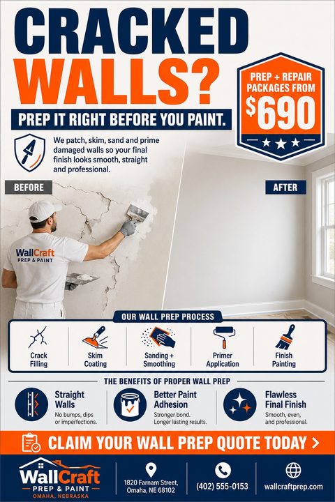 A flyer for wall prep and painting services featuring a split before-and-after photo of a man repairing a cracked wall, then a smooth finished wall. Bold navy and orange text highlights pricing and process steps.