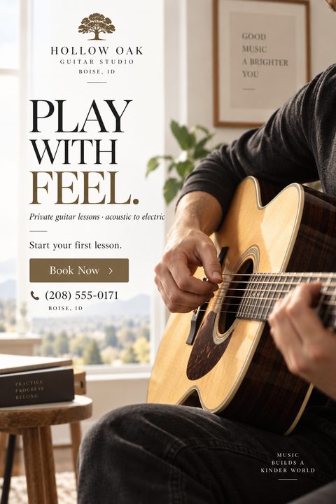 A flyer for Hollow Oak Guitar Studio featuring a close-up photo of a person playing an acoustic guitar by a window. Text reads 'Play with feel. Private guitar lessons - acoustic to electric.' with a 'Book Now' button and phone number.
