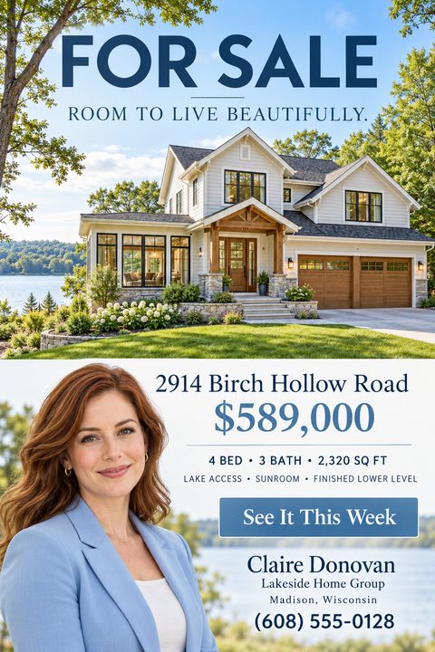 Real estate flyer for a house for sale. Top half shows a large white house with wood accents near a lake. Bottom half has property details, price, and a female real estate agent's headshot.