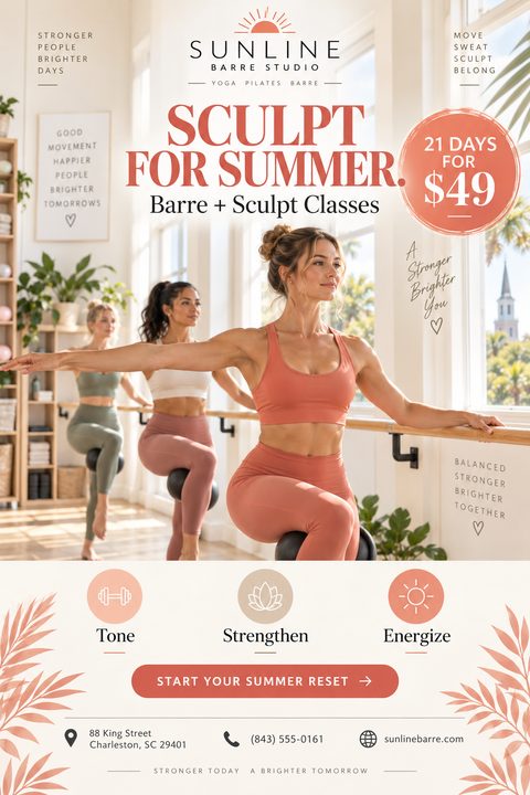 A bright and airy flyer for a barre studio featuring three women doing a barre workout in a sunlit room. The design uses a warm peach and cream color palette with elegant typography.