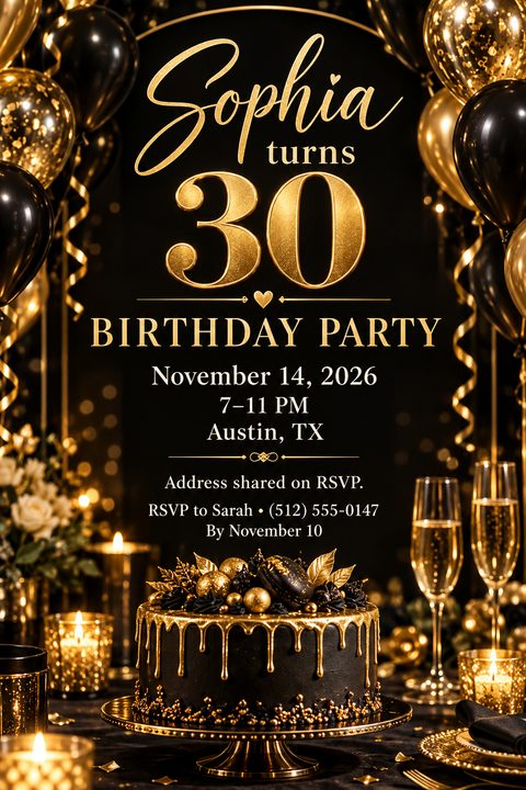 Elegant black and gold birthday party invitation featuring gold and black balloons, a black cake with gold drip icing, champagne glasses, and glowing candles against a dark background.