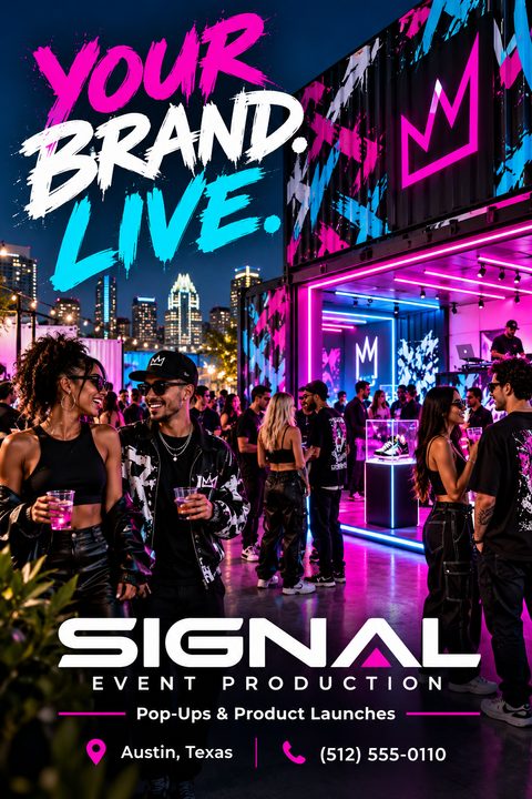 A vibrant flyer for an event production company featuring a neon-lit outdoor party scene with people socializing around a shipping container pop-up shop. Bold brush-stroke text reads 'Your Brand Live.'