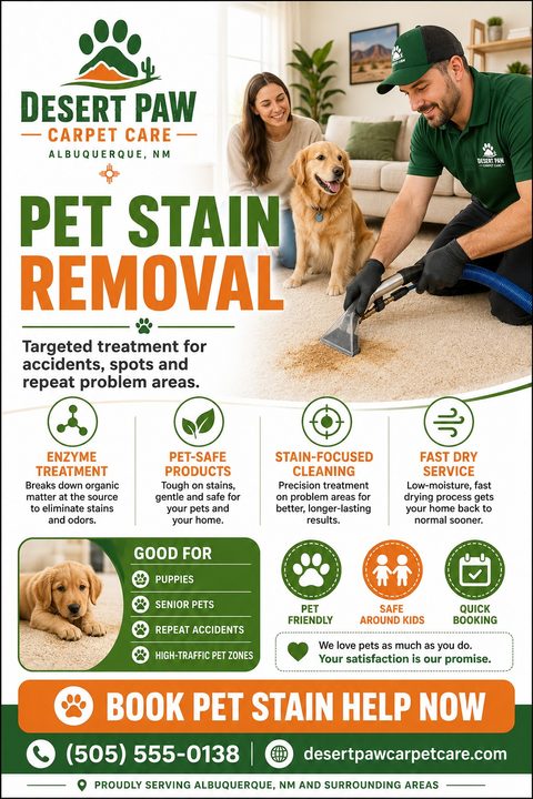 A carpet cleaning flyer template with a green and orange color scheme. It features a photo of a cleaner treating a carpet stain while a dog and owner watch, plus service icons and contact details.