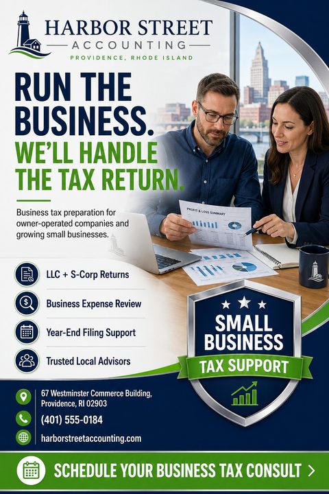 Flyer for Harbor Street Accounting. Headline: Run the business. We'll handle the tax return. Shows a man and woman reviewing a profit and loss summary in a corporate office. Includes a shield badge reading Small Business Tax Support and a list of.