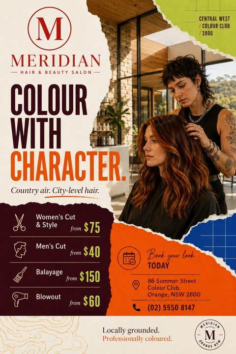 A hair salon flyer with a torn paper collage design. It features a photo of a stylist coloring a client's hair, alongside a price list for cuts and balayage on a dark background.