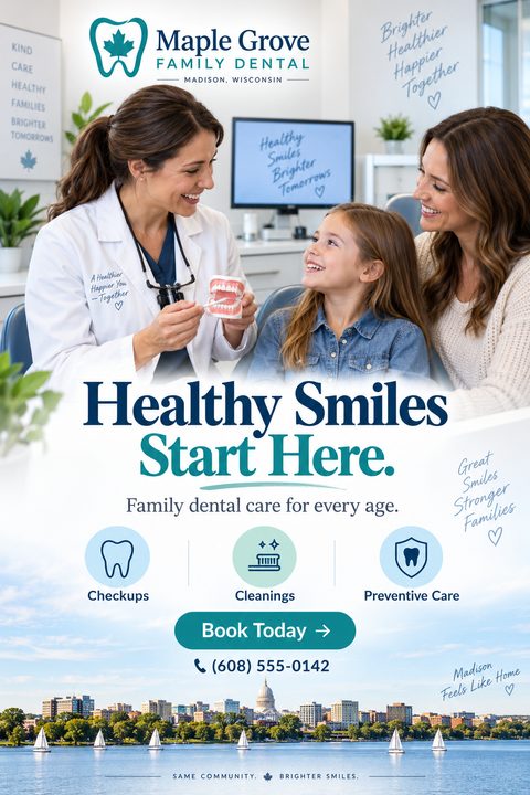 Flyer for a family dental clinic. Top half shows a female dentist smiling at a young girl and her mother. Text reads 'Healthy Smiles Start Here. Family dental care for every age.' Icons for Checkups, Cleanings, and Preventive Care. Bottom shows a.