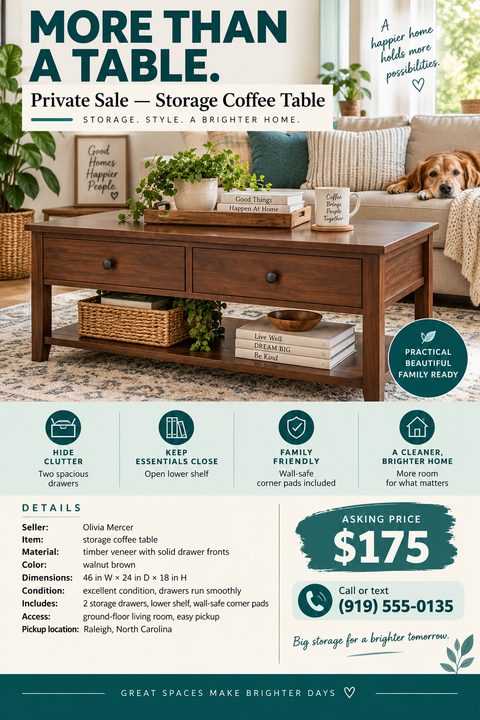 A flyer for a private furniture sale featuring a large photo of a wooden coffee table in a living room. Below are feature icons, a detailed specifications list, and a prominent asking price.