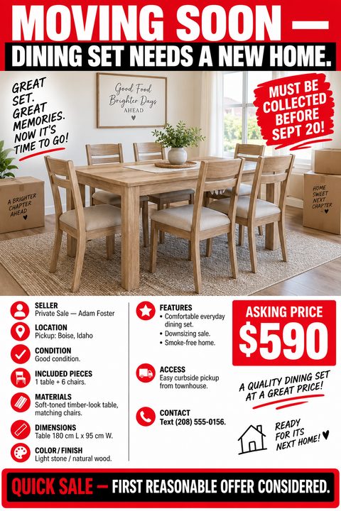 A moving sale flyer featuring a large photo of a dining set, bold red headers reading Moving Soon, a red price tag block, and a structured grid with icons detailing the item's specifications.