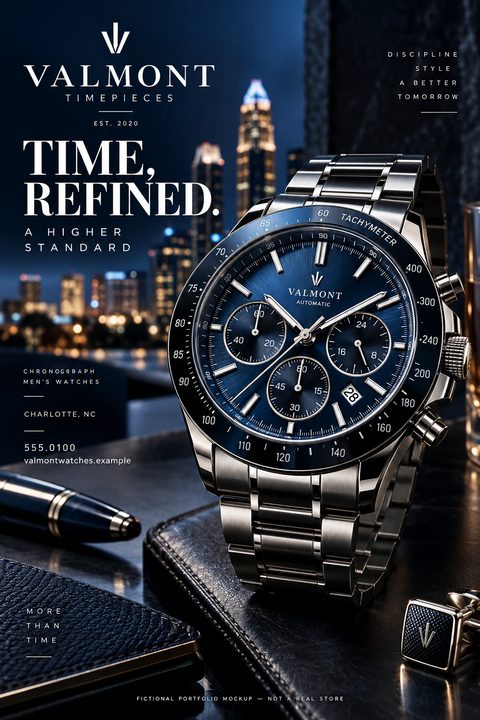 A luxury silver chronograph watch with a blue dial sits on a leather surface alongside a pen and cufflinks, set against a blurred, glowing city skyline at night.