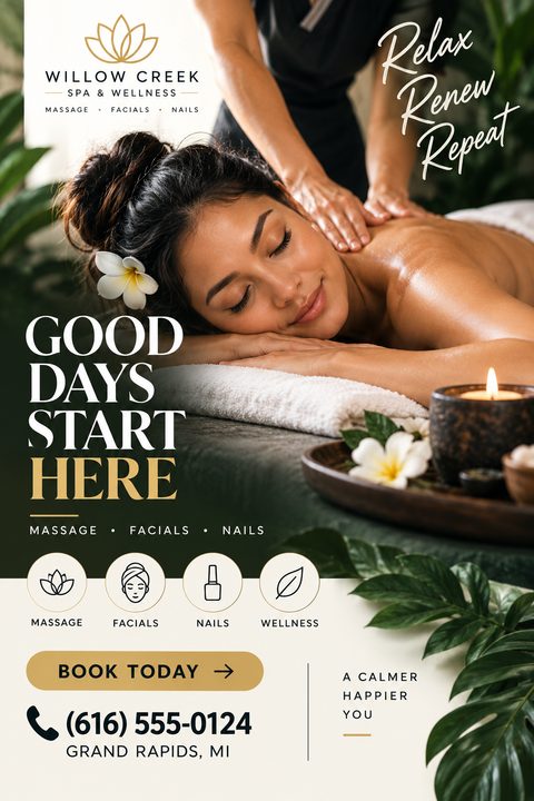 Spa and wellness flyer featuring a woman receiving a back massage. Text reads 'Relax Renew Repeat' and 'Good Days Start Here'. Includes icons for massage, facials, nails, and wellness, plus a 'Book Today' button and phone number.