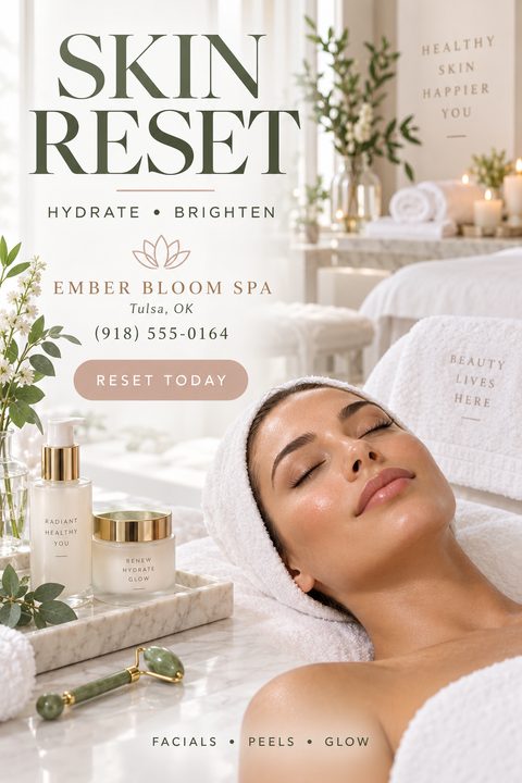 A flyer for a spa featuring a woman relaxing with a towel on her head, skincare products on a tray, and text promoting a 'Skin Reset' facial treatment.