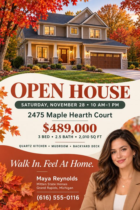 Real estate open house flyer with a large photo of a two-story house surrounded by autumn trees at the top. Below is the text 'OPEN HOUSE' in large red letters, followed by the date, address, price, and property details. A real estate agent's.