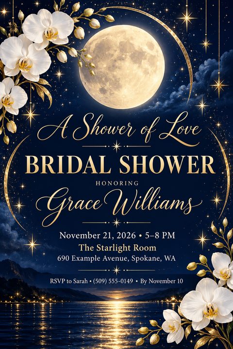 A dark blue bridal shower invitation flyer featuring a large full moon, twinkling stars, and white orchids. Gold elegant typography displays the event details over a serene lake reflecting the moonlight.