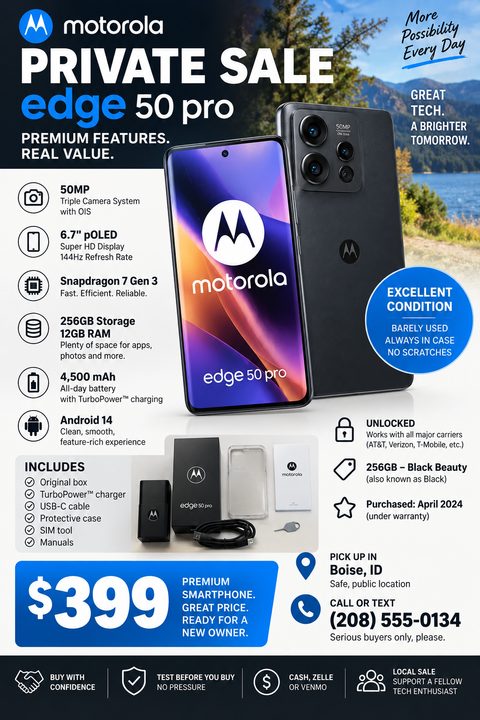 A flyer advertising a private sale for a smartphone. It includes images of the phone, a list of specifications, included accessories, condition, price, and contact information.