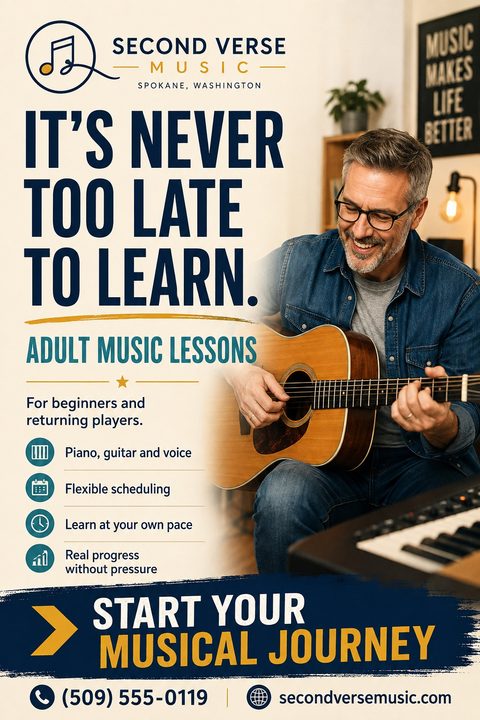 Flyer for adult music lessons featuring a smiling man playing an acoustic guitar. Text reads 'It's never too late to learn. Adult Music Lessons.' with bullet points for piano, guitar, voice, flexible scheduling, and learning at your own pace.