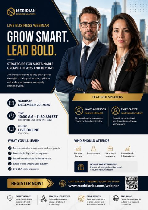 A professional business webinar flyer template with a navy blue and gold color scheme. It features a photo of a man and woman in business attire, event details, speaker profiles, learning objectives, and a 'Register Now' call to action with a QR.