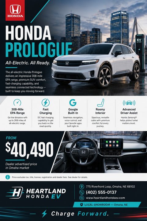 A flyer for an electric vehicle featuring a white SUV parked in a city at dusk, with key features listed below, an interior shot, pricing, and dealership contact information.