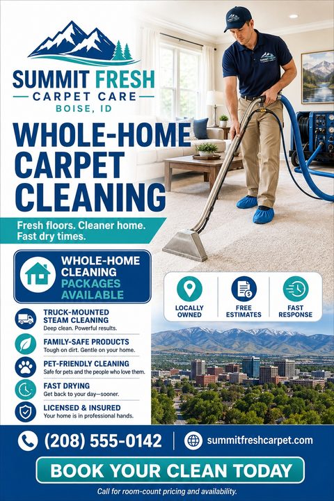 A carpet cleaning flyer template with a large photo of a man steam cleaning a carpet, a list of services, and a city skyline photo at the bottom.