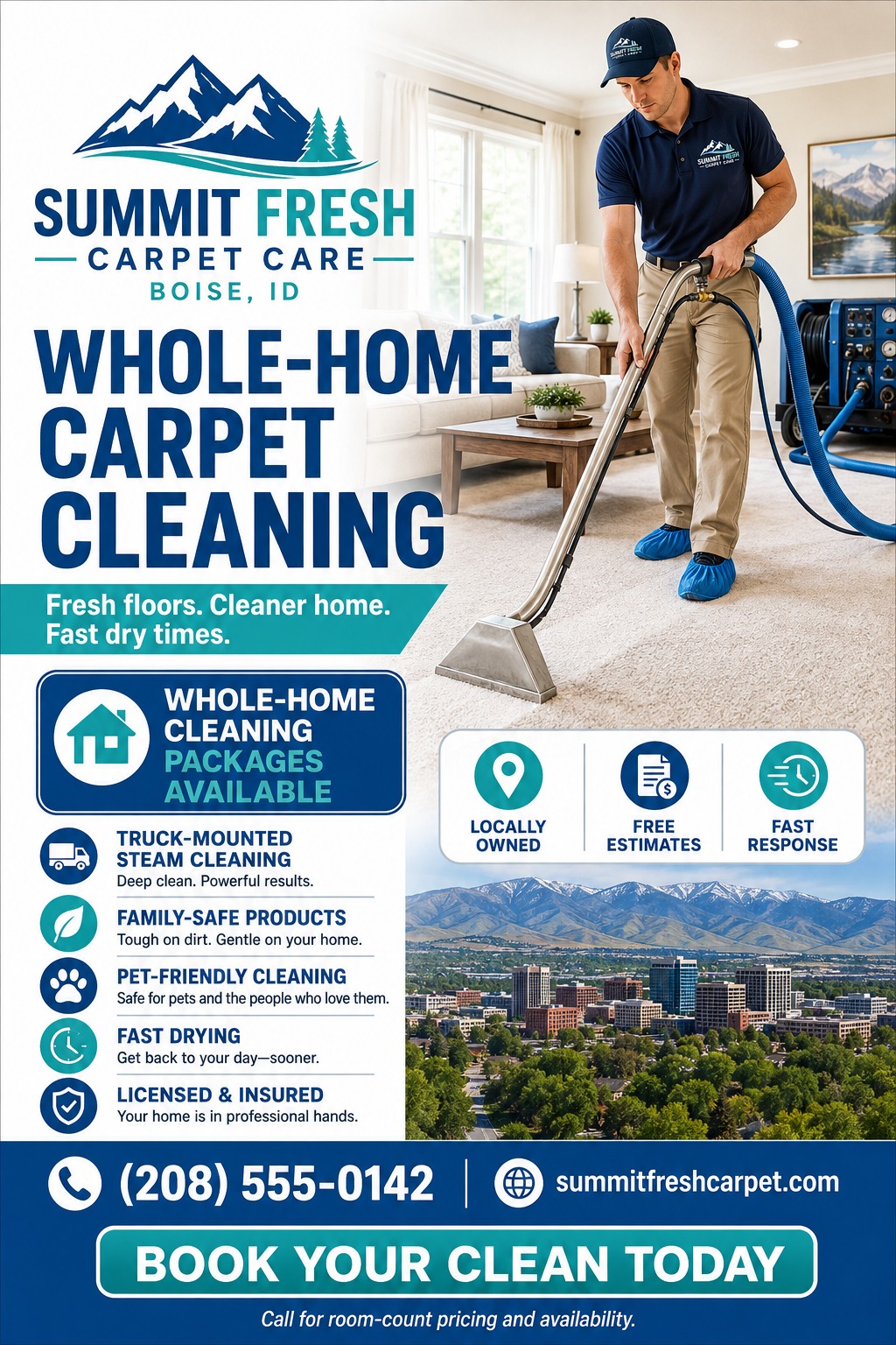 A carpet cleaning flyer template with a large photo of a man steam cleaning a carpet, a list of services, and a city skyline photo at the bottom.