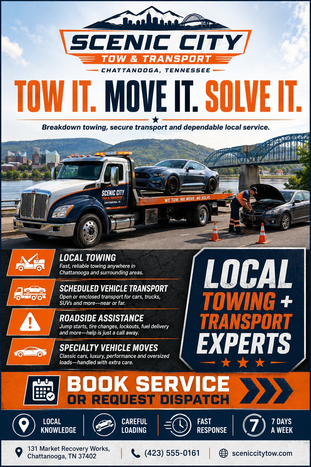 Flyer for a towing and transport company featuring a large photo of a flatbed tow truck loading a car, with orange and navy blue text blocks detailing services like local towing and roadside assistance.