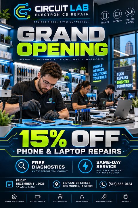 A high-tech flyer for an electronics repair grand opening. It features a photo of technicians repairing devices, bold neon green and silver text, circuit board graphics, and icons for various repair services.