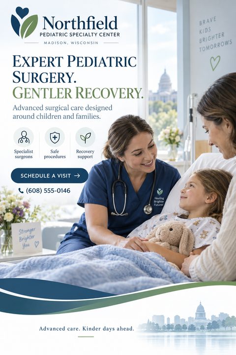 A flyer for a pediatric specialty center featuring a photo of a smiling nurse talking to a young girl in a hospital bed, with her mother nearby. Text reads 'Expert Pediatric Surgery. Gentler Recovery.'