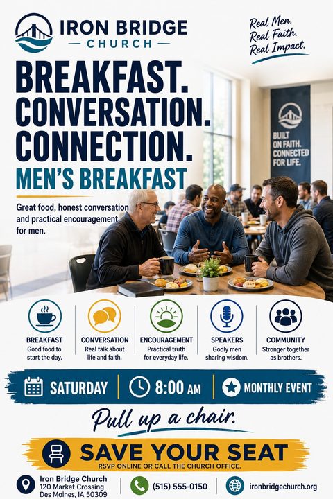 Church flyer for a Men's Breakfast featuring a photo of three men talking and laughing over breakfast. Bold text reads 'Breakfast. Conversation. Connection.' Icons highlight breakfast, conversation, encouragement, speakers, and community.