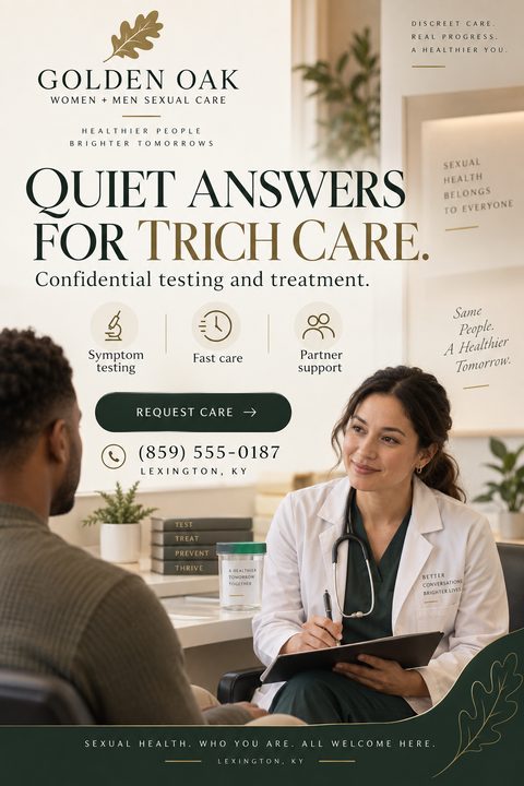 Flyer for a sexual health clinic featuring a female doctor consulting with a male patient in a bright, modern office. The design uses elegant typography and a calming color palette of cream, dark green, and gold.