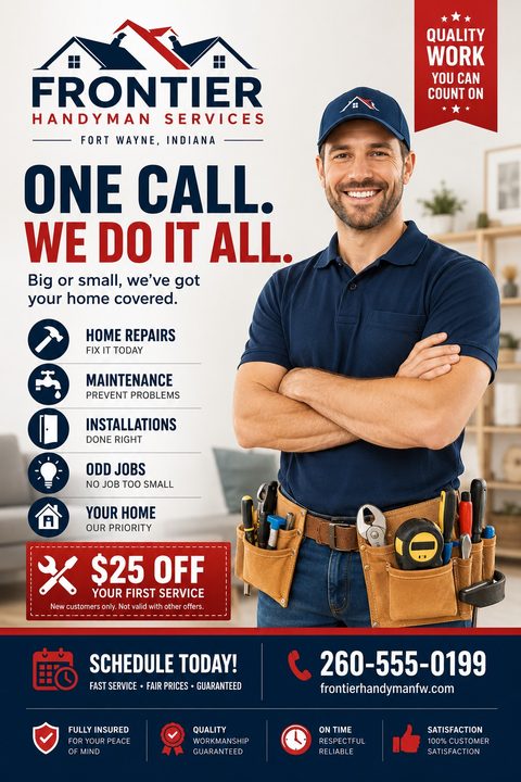 Handyman services flyer template with a photo of a smiling handyman wearing a tool belt, a list of services like home repairs and maintenance, and a $25 off coupon.