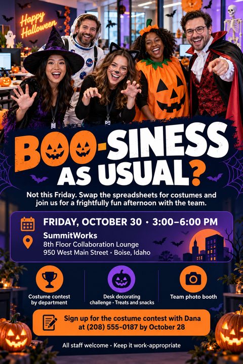 A playful office Halloween party flyer featuring a photo of five smiling coworkers in costumes. The design uses vibrant purple and orange colors with event details, costume contest info, and RSVP instructions.