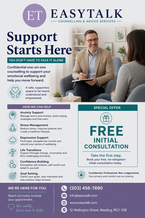 A professional counseling flyer featuring a photo of a therapist talking with a client. It includes a list of services with icons, a free consultation offer box, and a calming purple and teal color scheme.