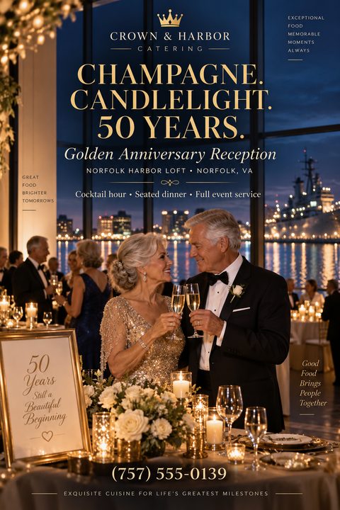 A sophisticated catering flyer featuring an older couple toasting with champagne at a formal event overlooking a harbor at night. The text reads 'Champagne. Candlelight. 50 Years. Golden Anniversary Reception' with gold accents.