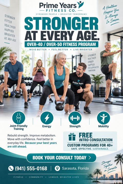 Flyer for Prime Years Fitness Co. titled 'Stronger at Every Age. Over-40 / Over-50 Fitness Program'. Shows older adults exercising with kettlebells and a trainer. Includes icons for Joint-Friendly Training, Energy, Strength, and Mobility. Offers a.